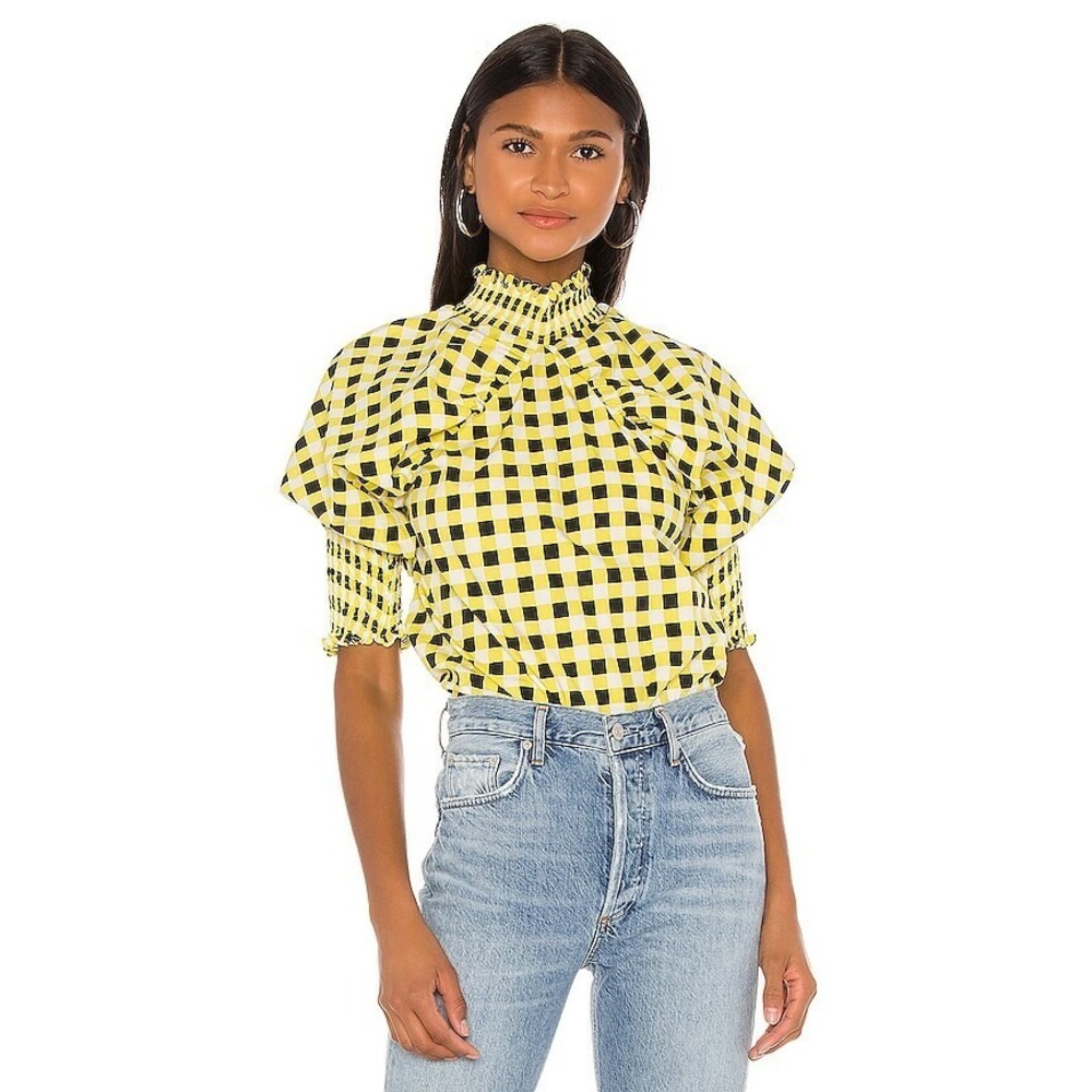 SWF Blouse Yellow Black Checkered Puff Sleeve Smocked Turtleneck Top NWT Boho S
